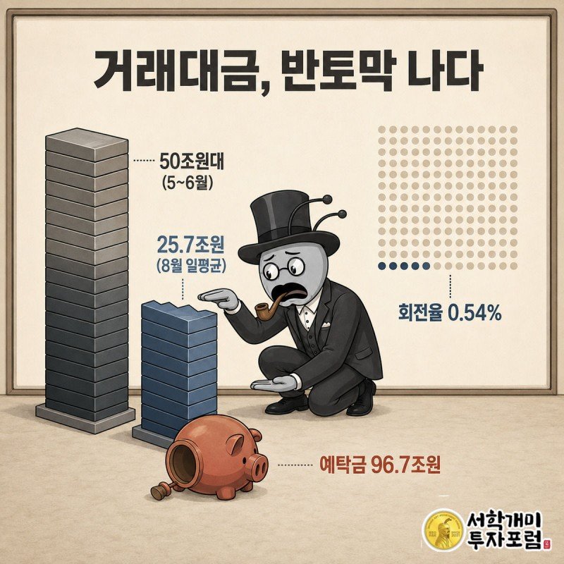 5~6월 50조원대 거래대금 막대가 8월 25.7조원으로 절반이 잘린 모습과 점 100개 중 소수만 칠해진 회전율 0.54% 격자를 개미가 확인하는 그림