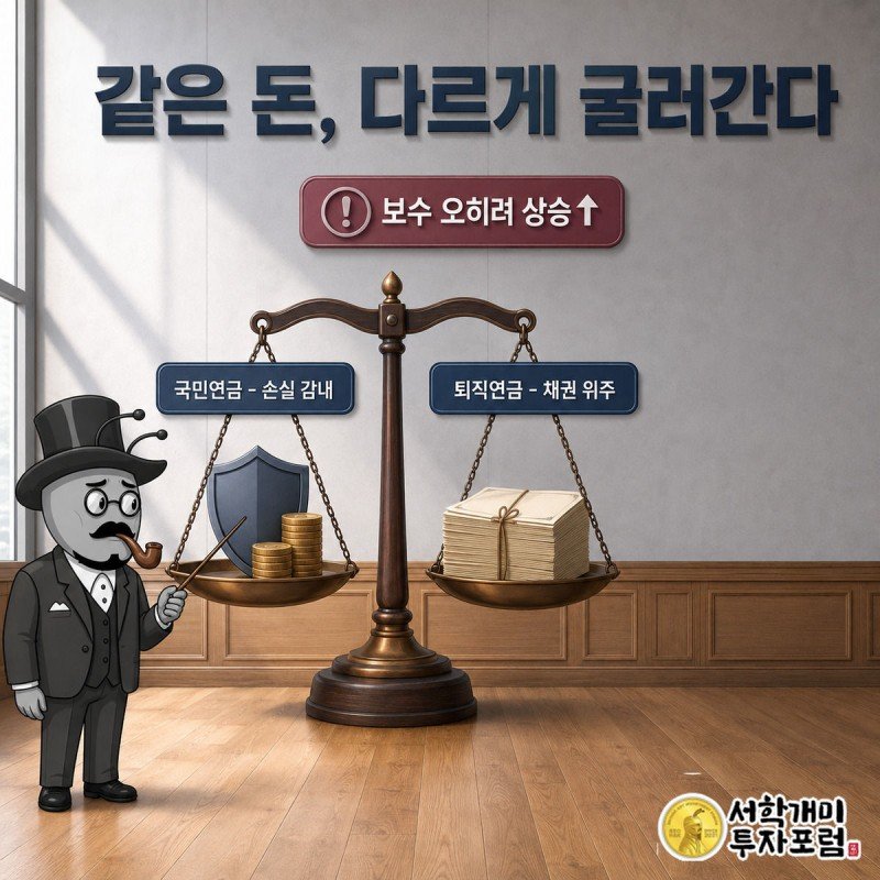 저울 위에 국민연금과 퇴직연금을 각각 방패와 채권다발로 올려 위험 감내 수준 차이를 비교하는 그림