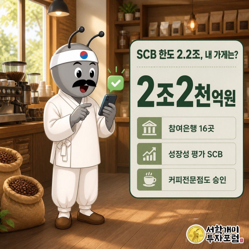 카페에서 서민개미가 스마트폰 속 대출 승인 알림을 보고 놀라며 기뻐하는 모습, 화면에는 시범운영 규모 2조2천억원이 큰 숫자로 표시돼 있다