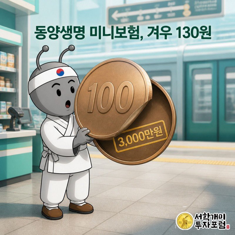 서민개미가 거대한 100원 동전을 두 손으로 받쳐 들고 뒷면에 찍힌 3000만원 스탬프에 놀라는 그림