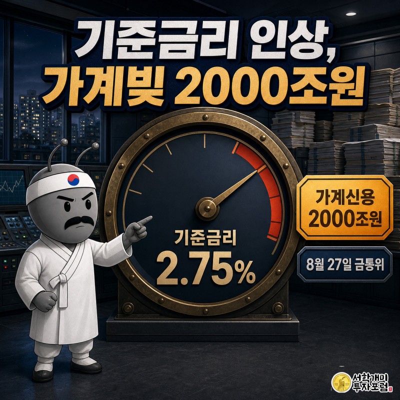 개미 캐릭터가 2.75%를 가리키는 대형 금리 게이지 앞에서 초조한 표정으로 바늘을 가리키는 정보 일러스트