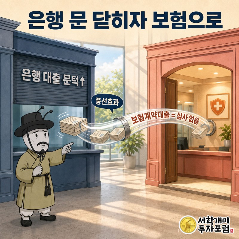 닫혀가는 은행 창구에서 튕겨 나온 서류가 관을 타고 활짝 열린 보험 창구로 흘러가는 모습을 개미가 지켜보는 그림