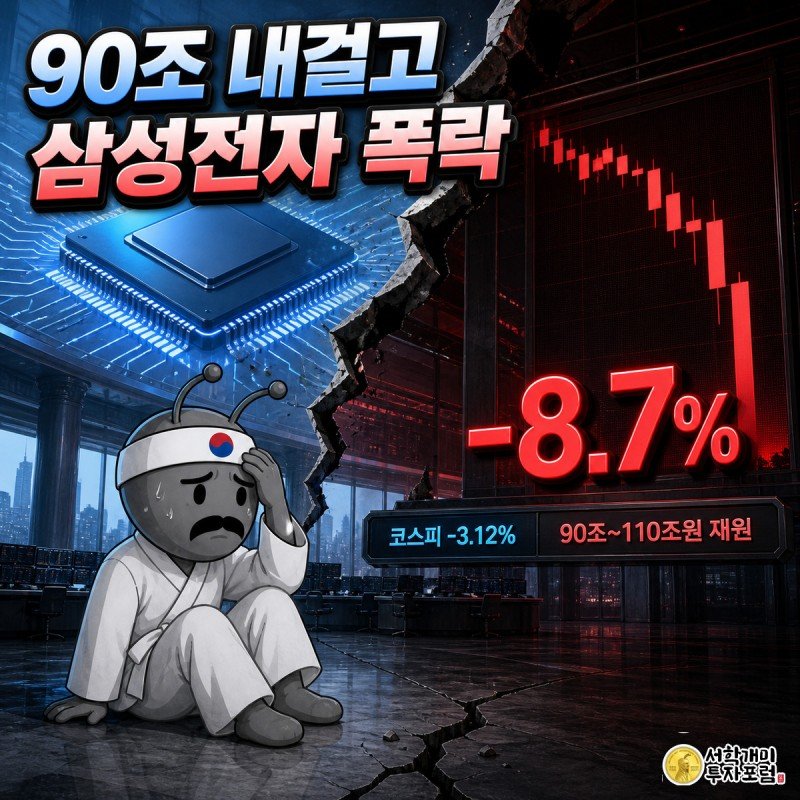 삼성전자 주주환원 발표에 기대하던 개미가 이후 급락 차트를 보고 낭패한 표정으로 주저앉는 좌우 대비 장면
