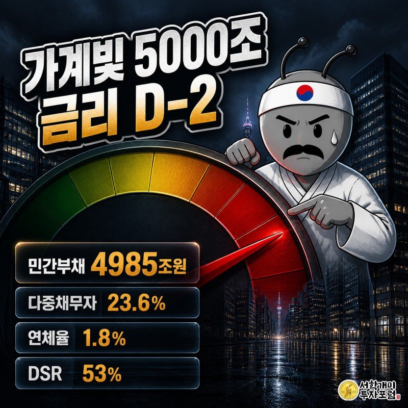 붉은 위험 구간까지 바늘이 오른 대형 부채 게이지를 개미가 낭패한 표정으로 가리키고 있는 표지 이미지