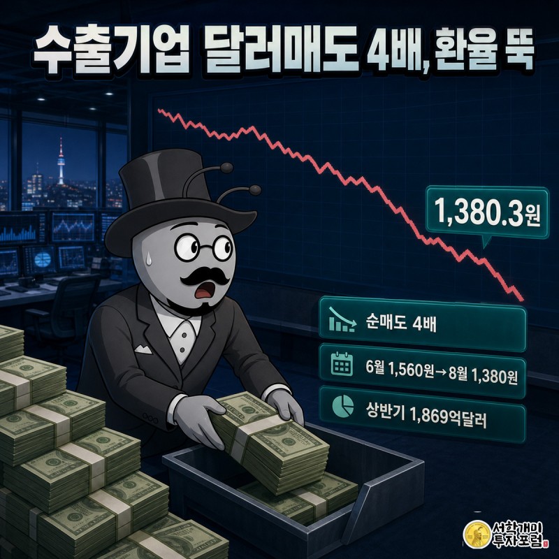 심야 외환 거래소에서 개미 캐릭터가 초록 달러 다발을 원화 수거함에 밀어 넣으며 뒤쪽 스크린의 급락하는 환율 차트를 놀란 표정으로 돌아보는 그림
