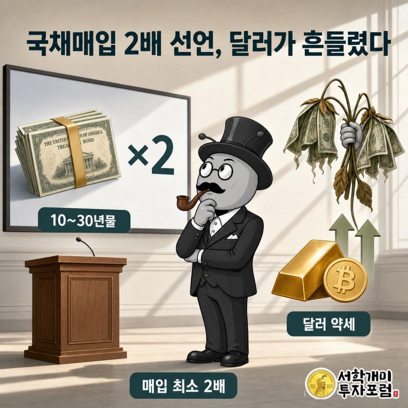 연단 위 국채매입 확대 발표 화면과 시드는 달러 지폐를 부자개미가 신중한 표정으로 지켜보는 이미지