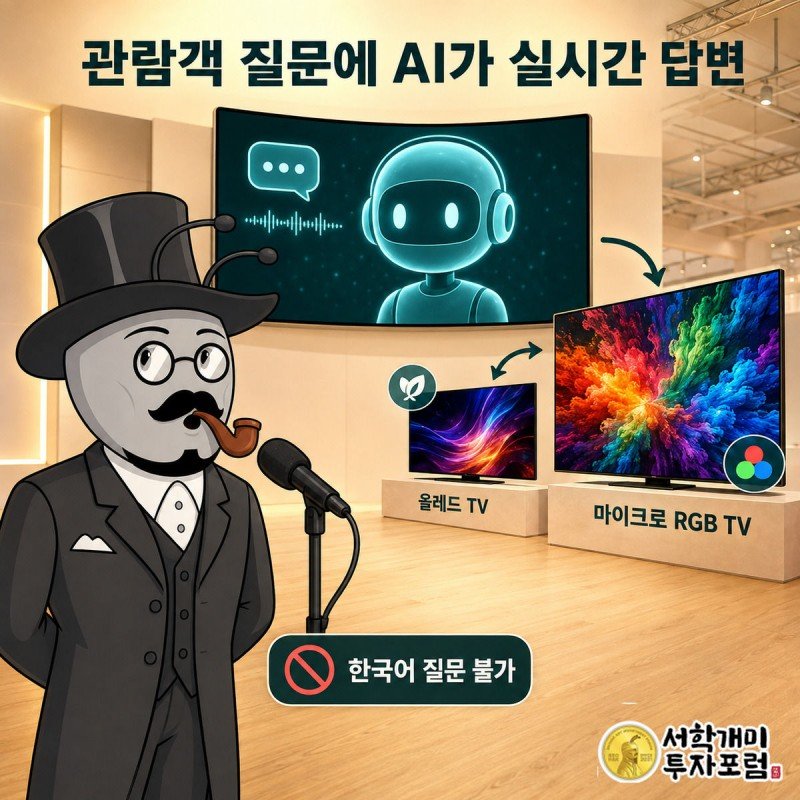 개미가 마이크에 질문하자 스크린 속 AI 아바타가 올레드 TV와 마이크로 RGB TV를 각각 추천하는 장면