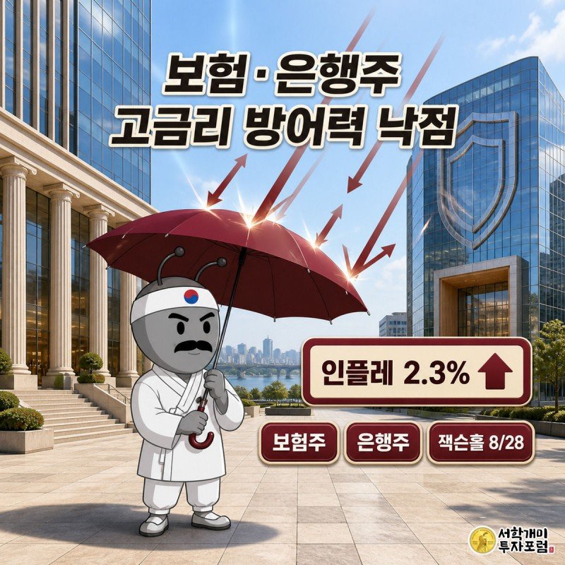 개미가 버건디색 우산을 펼쳐 상승하는 금리 화살표를 막아내며 자신감 있게 서 있고, 뒤로 은행과 보험사 건물이 늘어선 금융가가 밝은 대낮 하늘 아래 펼쳐져 있다.