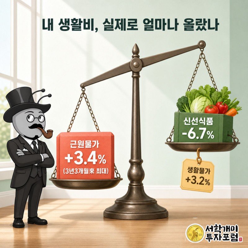 근원물가 3.4% 블록이 무겁게 가라앉고 신선식품 -6.7% 무게추가 가벼이 떠오른 저울을 신중한 표정으로 바라보는 서민개미