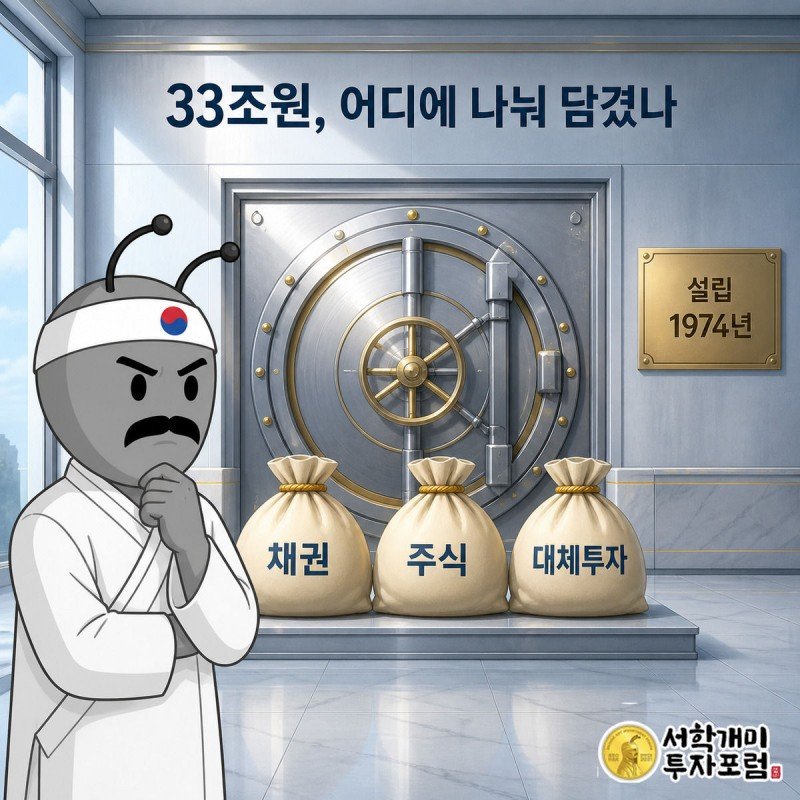 채권·주식·대체투자 자루가 나란히 놓인 33조원 규모 기금 금고와 1974년 설립 명패
