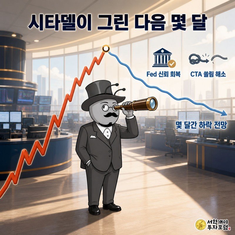 지난 상승 곡선과 시타델이 전망한 향후 하락 곡선을 시간축으로 비교하며 개미가 망원경으로 살피는 모습
