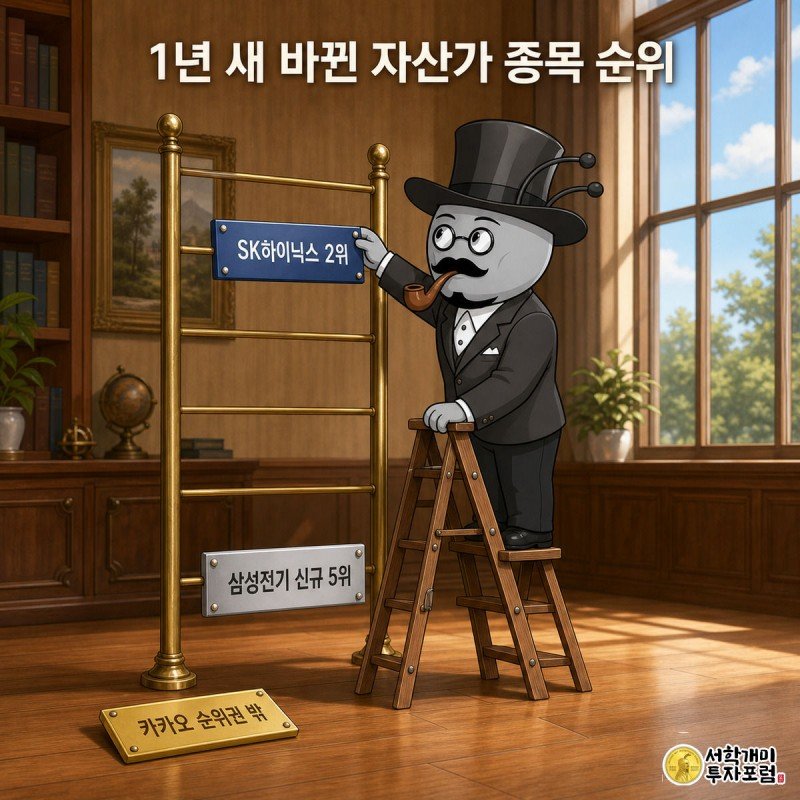 사무실 순위판에서 개미가 카카오 이름표를 내리고 SK하이닉스 이름표를 2위 자리에 올리는 모습