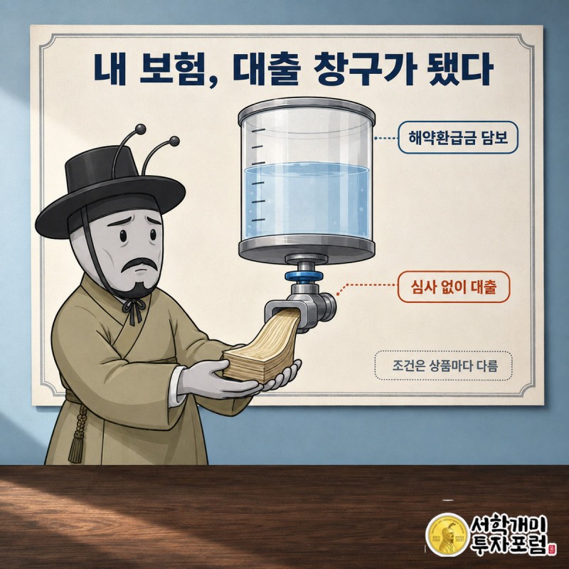 보험증권 위 해약환급금 게이지에서 지폐가 빠져나오는 것을 개미가 불안한 표정으로 받치는 그림