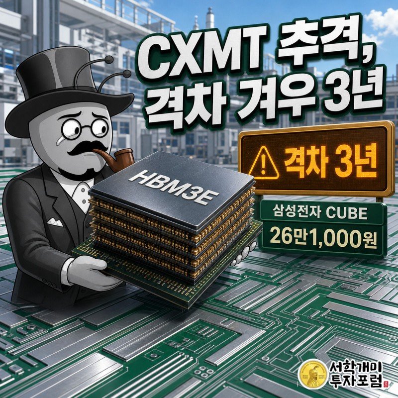 부자개미가 초록 회로가 새겨진 HBM3E 칩 스택을 들어 올리며 격차 3년 배지를 보고 놀라는 모습