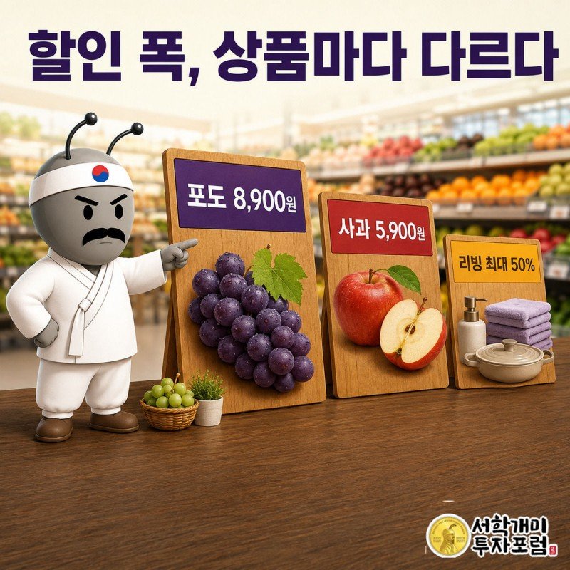 매대 위 상품별 가격표 다섯 개를 서민개미가 손가락으로 짚어보며 비교하는 모습
