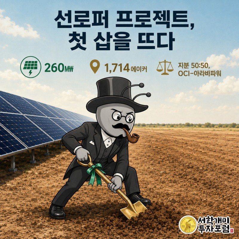 텍사스 워튼카운티에서 부자개미가 금색 삽으로 260메가와트 규모 선로퍼 태양광 발전소 착공식을 진행하는 모습