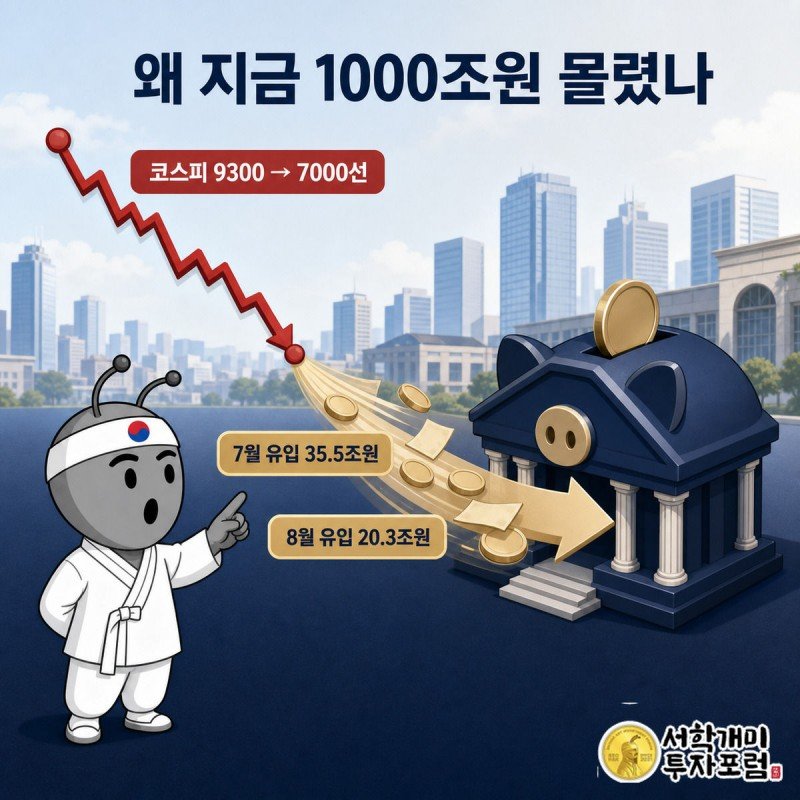 하락하는 코스피 그래프 끝에서 돈이 흘러나와 은행 건물로 빨려 들어가는 모습을 서민개미가 놀란 표정으로 바라보는 장면