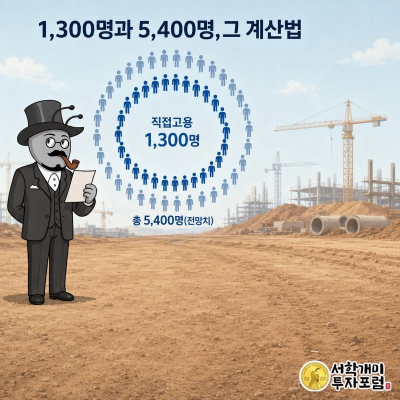 안전모 인형이 쌓인 이중 원그래프 앞에서 서민개미가 기대에 찬 표정으로 채용 게시판을 올려다보는 장면.