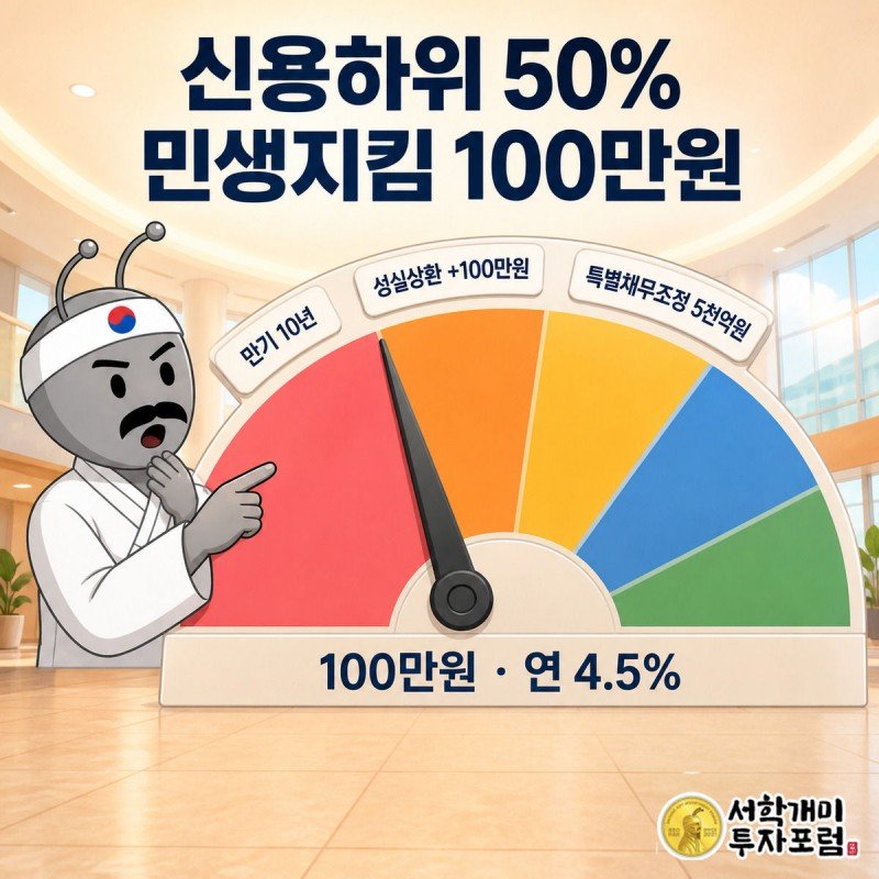 신용점수 게이지의 하위 50% 경계를 가리키며 놀라는 서민개미와 100만원 대출 수치 배지