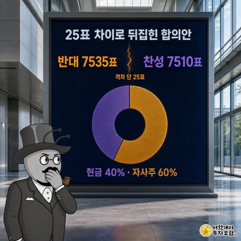 개표 전광판에 반대 7535표 찬성 7510표가 뜨고 개미들이 낭패한 표정으로 지켜보는 그림