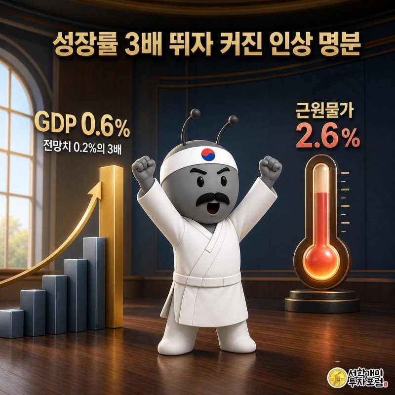 치솟는 성장률 그래프와 붉게 달아오른 물가 온도계 사이에서 개미가 놀라며 두 손을 드는 모습