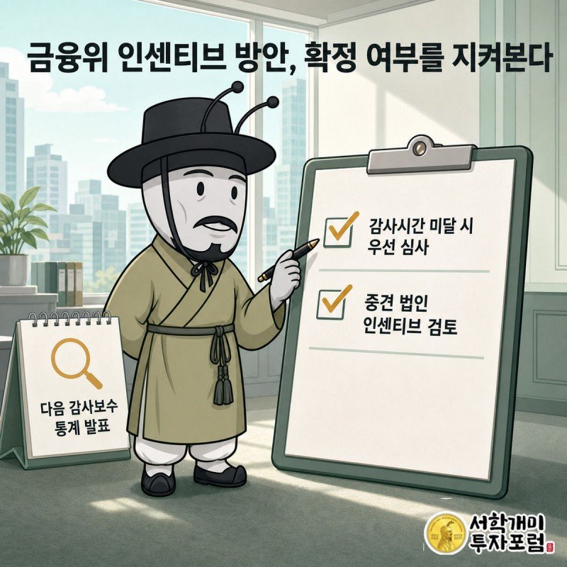 달력과 체크리스트 앞에서 부자개미가 심사·감리 우선 고려와 중견 법인 인센티브 항목에 체크 표시를 하려는 장면