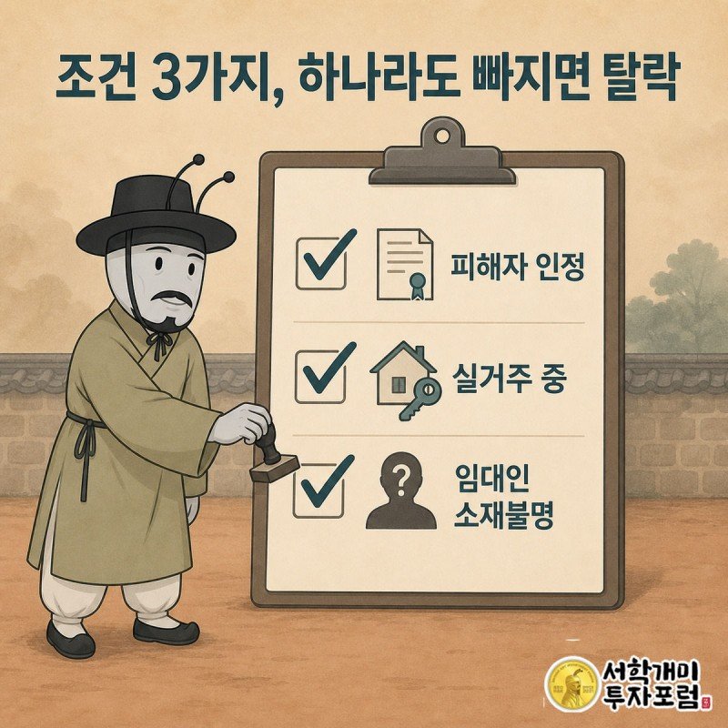 전세사기피해자 인정, 실거주, 임대인 소재불명 세 가지 조건을 체크리스트에 도장 찍어 확인하는 개미 그림