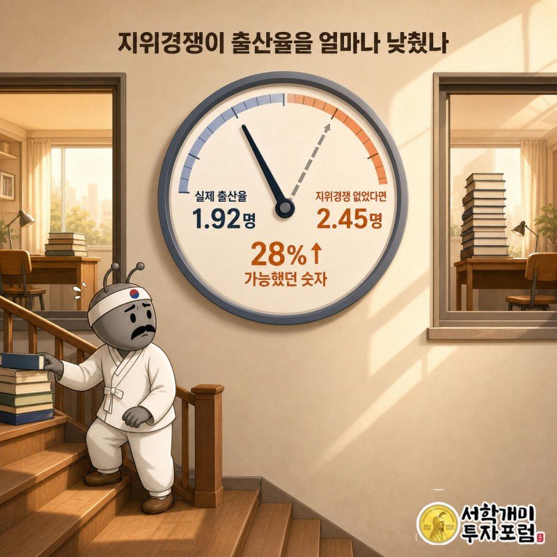 나란한 두 집 창문에 쌓인 학습 더미와 그 사이 출산율 게이지가 실제 1.92명과 가상 2.45명을 함께 가리킨다.