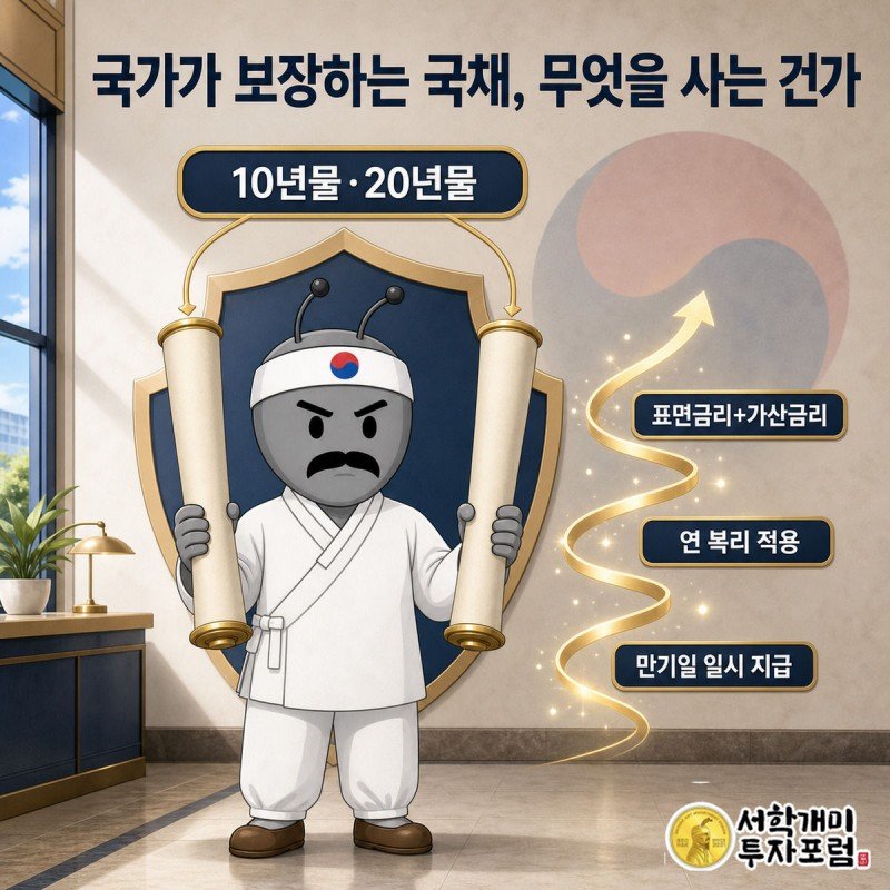서민개미가 10년물과 20년물이라 적힌 국채 두루마리를 양손에 나눠 들고 비교하며 살펴보는 모습