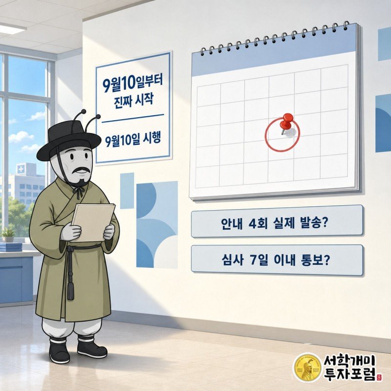 9월 10일에 동그라미가 쳐진 달력 앞에서 서류를 안고 신중하게 기다리는 서민개미 이미지