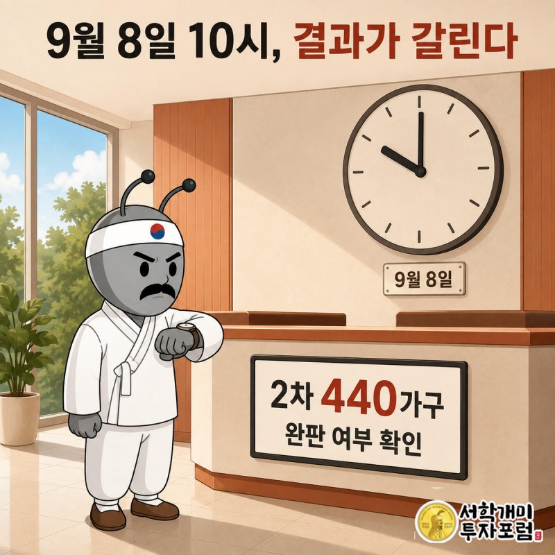 9월 8일 오전 10시 동호수 지정 시작을 알리는 시계와 440가구 접수 현황판을 확인하는 부자개미