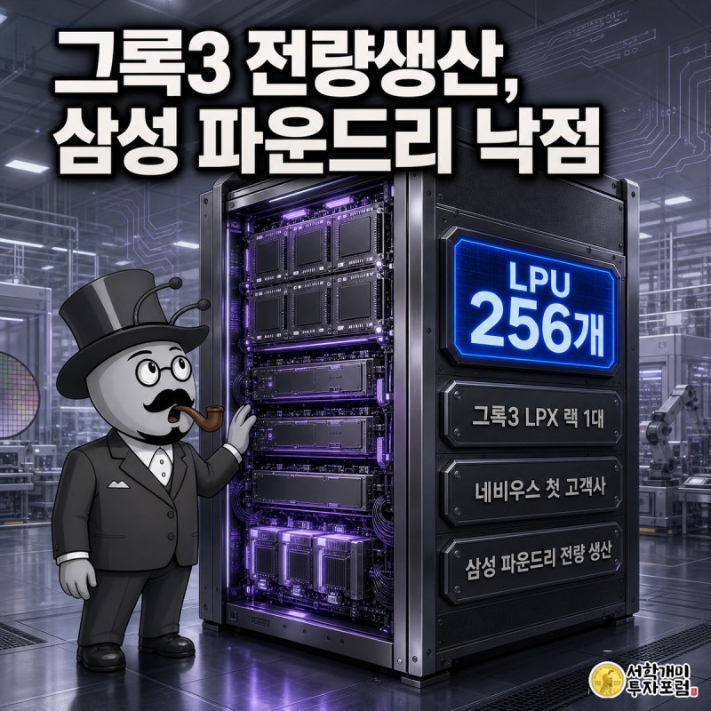 은은한 자수정빛으로 빛나는 캐비닛 크기 그록3 LPX 랙을 개미가 놀란 표정으로 만지며 올려다보는 삼성전자 파운드리 클린룸 장면