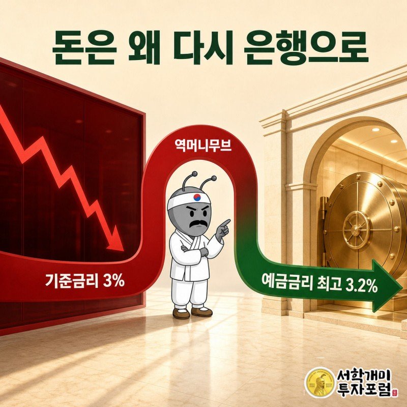 코스피에서 빠져나가는 화살표와 은행 금고로 들어가는 화살표가 갈림길에서 방향을 트는 모습을 개미가 가리키는 이미지