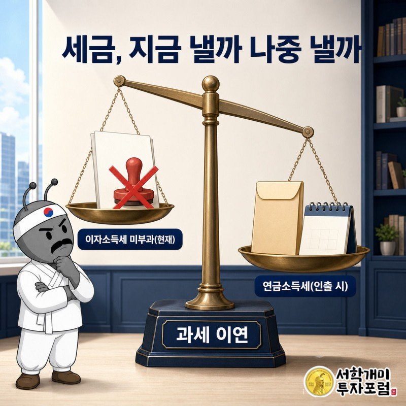 서민개미가 왼쪽엔 이자소득세 도장, 오른쪽엔 연금 봉투가 놓인 저울을 팔짱을 끼고 살펴보는 모습, 저울이 오른쪽으로 기울어 있다