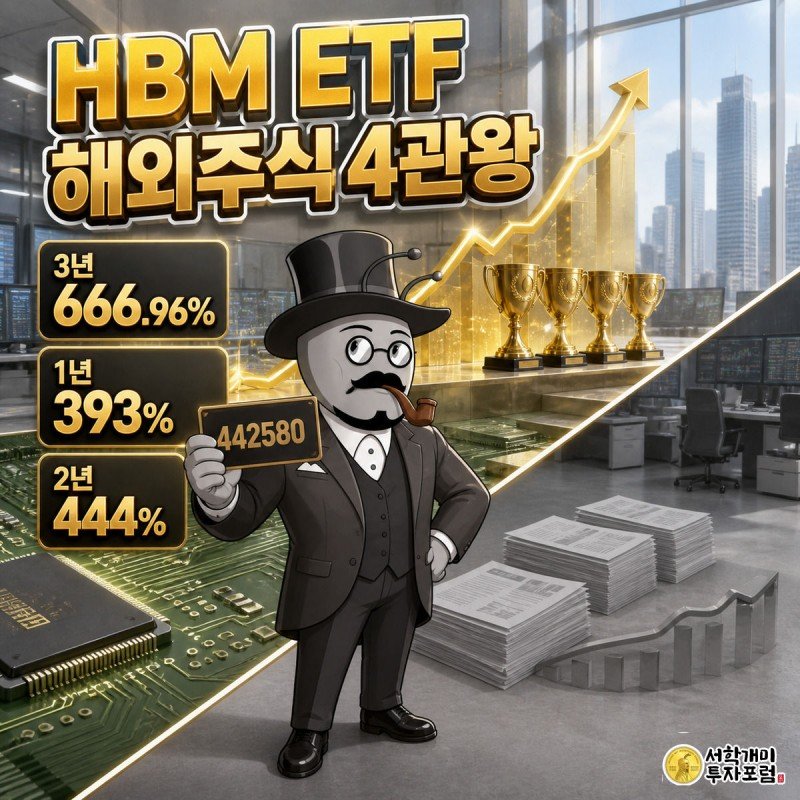 골드빛 상승 차트를 탄 개미가 흐릿한 경쟁 펀드 서류 더미를 내려다보며 442580 티커 카드를 들고 자신만만하게 서 있는 모습