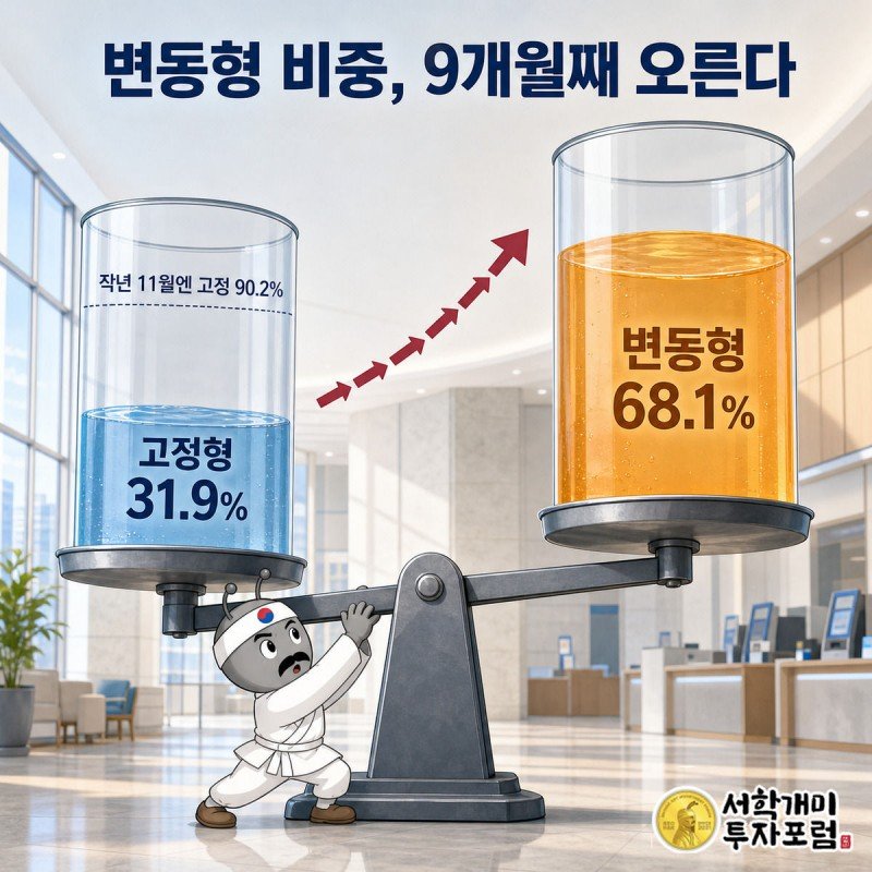 물통 저울이 변동형 68.1%, 고정형 31.9%로 기울어진 모습을 개미 캐릭터가 놀란 표정으로 붙잡고 바라보는 정보 일러스트