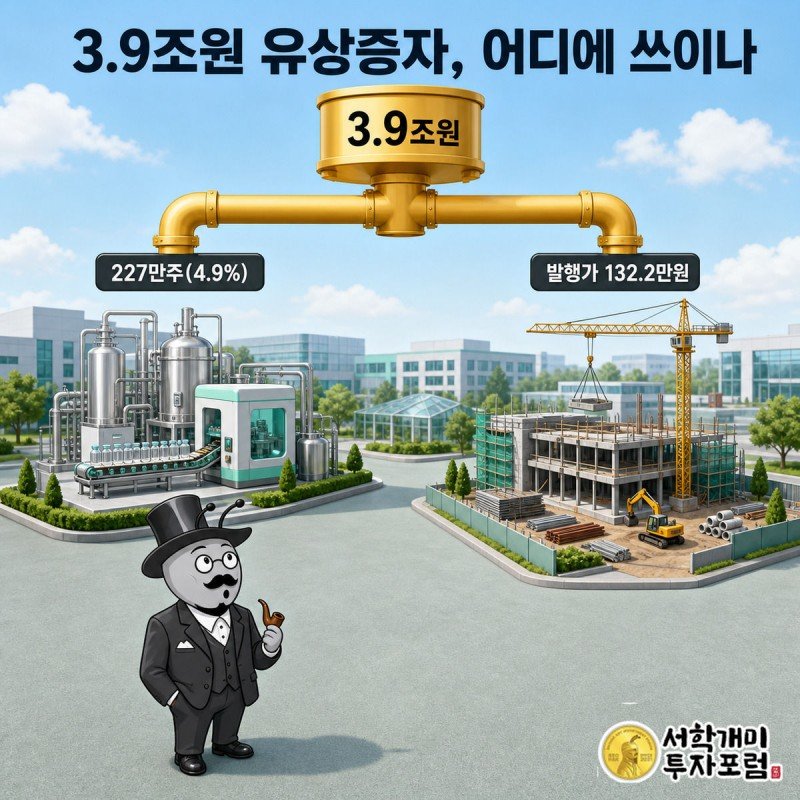 3조9천억원 자금이 두 갈래로 갈라져 펩타이드 공장과 바이오캠퍼스 공사 현장으로 흘러가는 그림