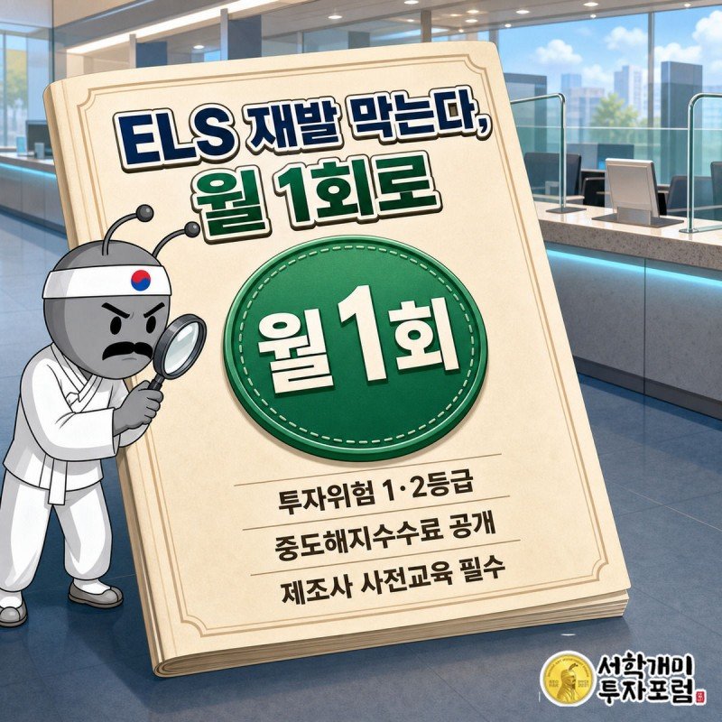 부자개미가 돋보기로 ELS 상품설명서를 의심스럽게 살펴보고 문서 위에 월 1회 배지가 떠 있는 그림