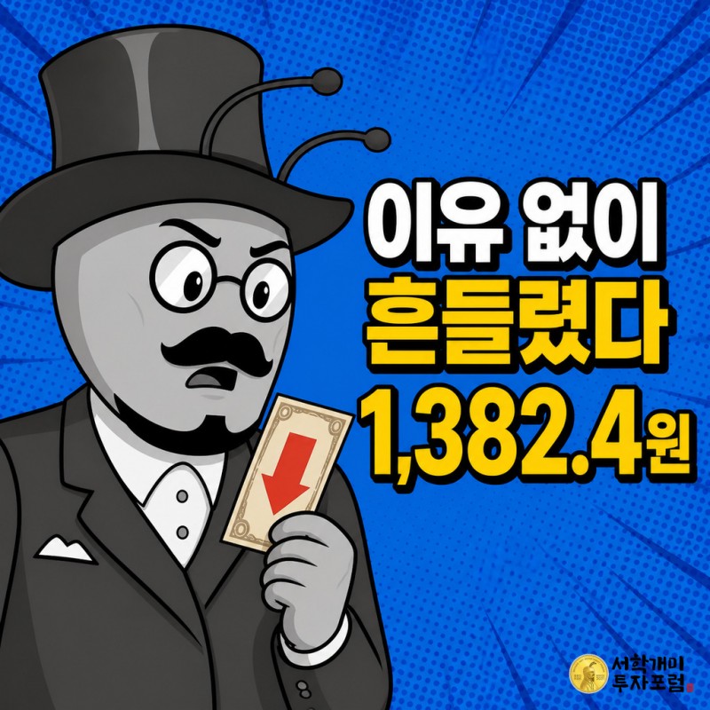눈을 크게 뜨고 당혹스러운 표정으로 아래로 꺾인 빨간 화살표가 그려진 원화 지폐를 들여다보는 개미 캐릭터의 코믹 팝아트 클로즈업.