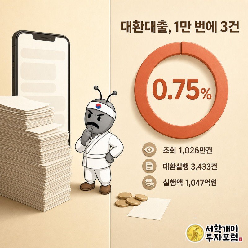 대출비교 앱 화면과 서류가 산더미처럼 쌓인 왼쪽과 동전 몇 닢만 남은 오른쪽을 개미가 어이없는 표정으로 번갈아 보는 그림