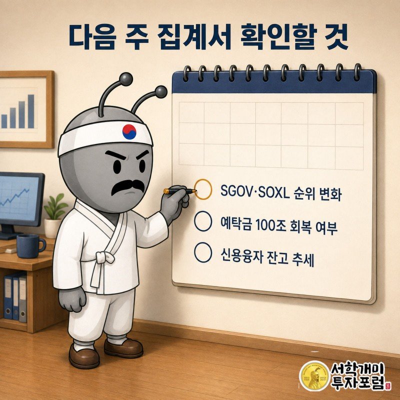 개미가 달력 앞에서 다음 주 확인할 지표 체크리스트에 표시하는 그림