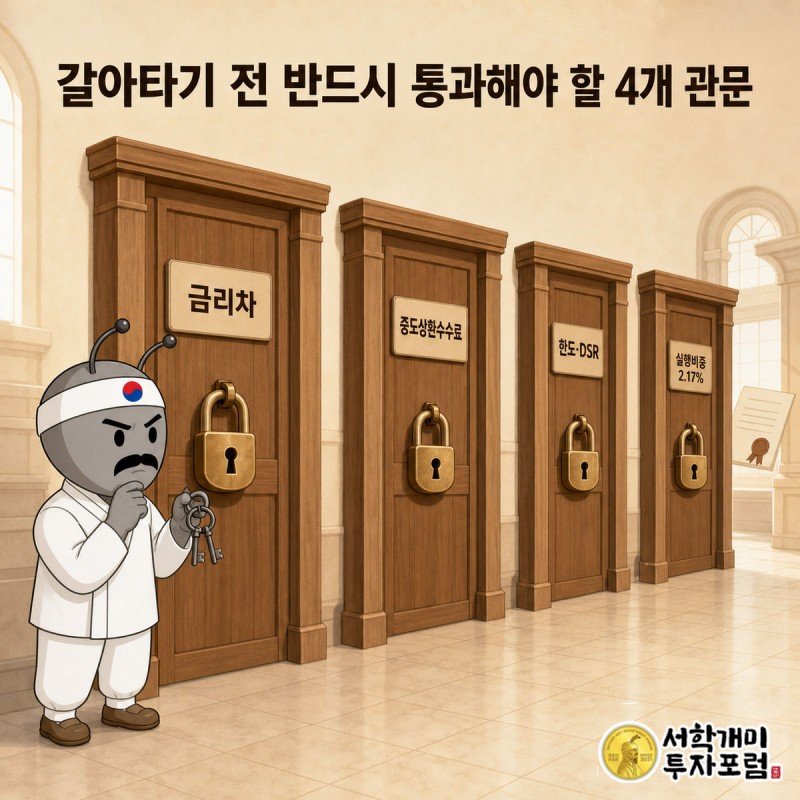 자물쇠 달린 네 개의 문 앞에서 열쇠 꾸러미를 든 개미가 근심스럽게 자물쇠를 살펴보는 그림