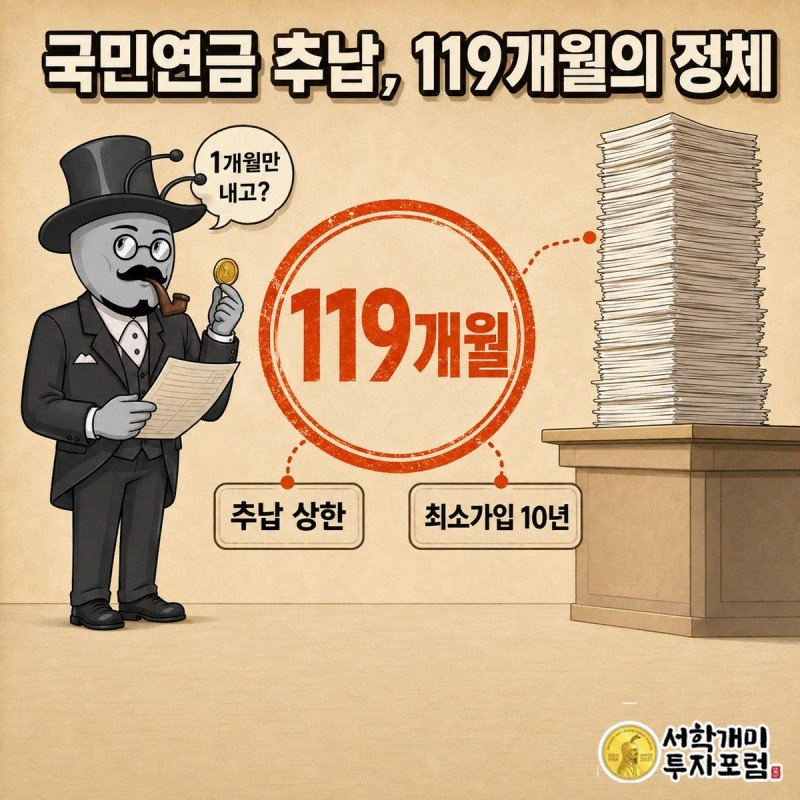 국민연금 추납 제도의 허점을 1개월과 119개월 서류더미의 대비로 표현한 표지 이미지