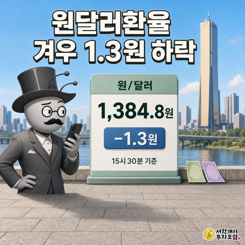 여의도 환전 전광판 앞에서 원달러환율 1,384.8원 소폭 하락에 개미가 김빠진 표정을 짓는 모습