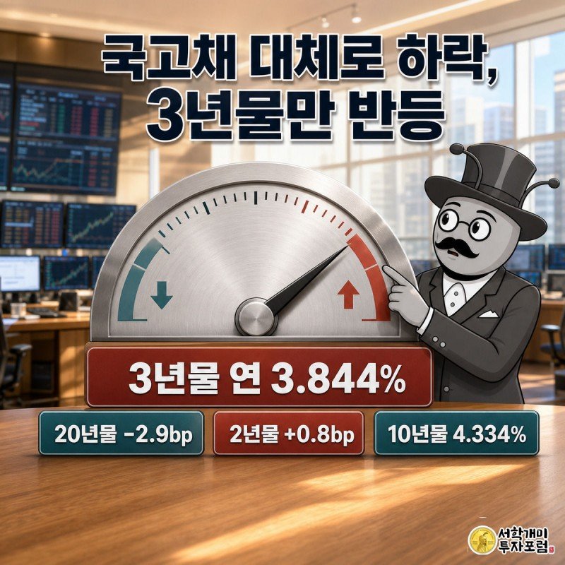 채권시장 계기판 앞에서 개미가 홀로 상승한 3년물 바늘을 의심스러운 표정으로 가리키는 모습