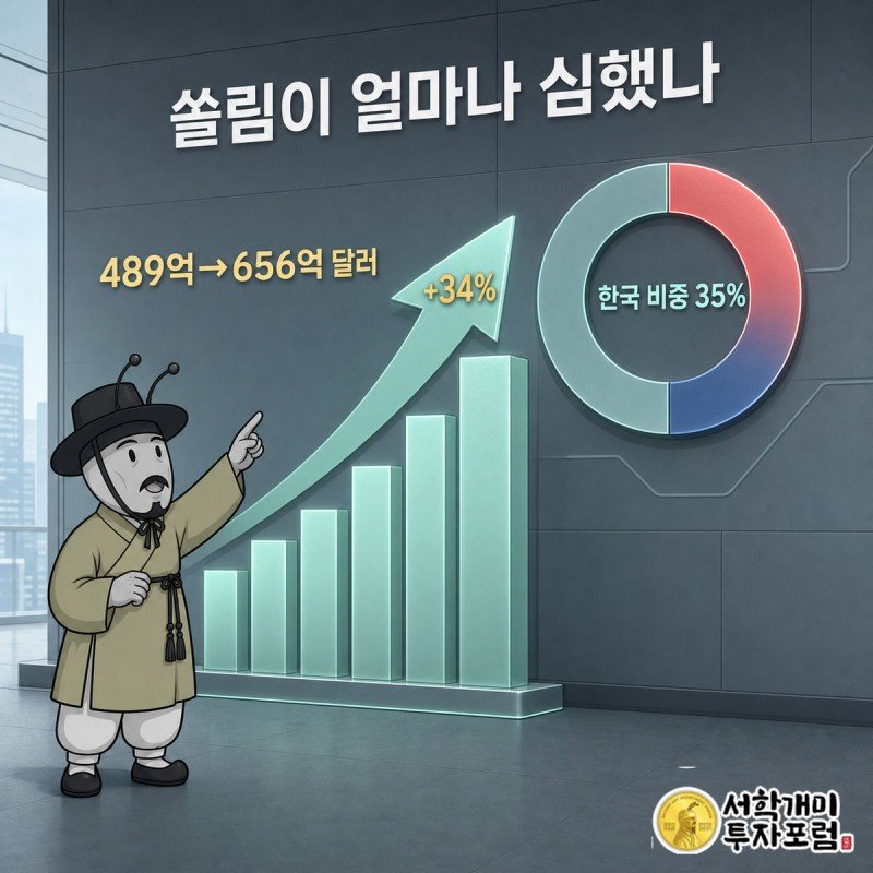 1월 489억 달러에서 6월 656억 달러로 오른 막대그래프와 한국 비중 35% 원형 그래프를 부자개미가 가리키는 그림