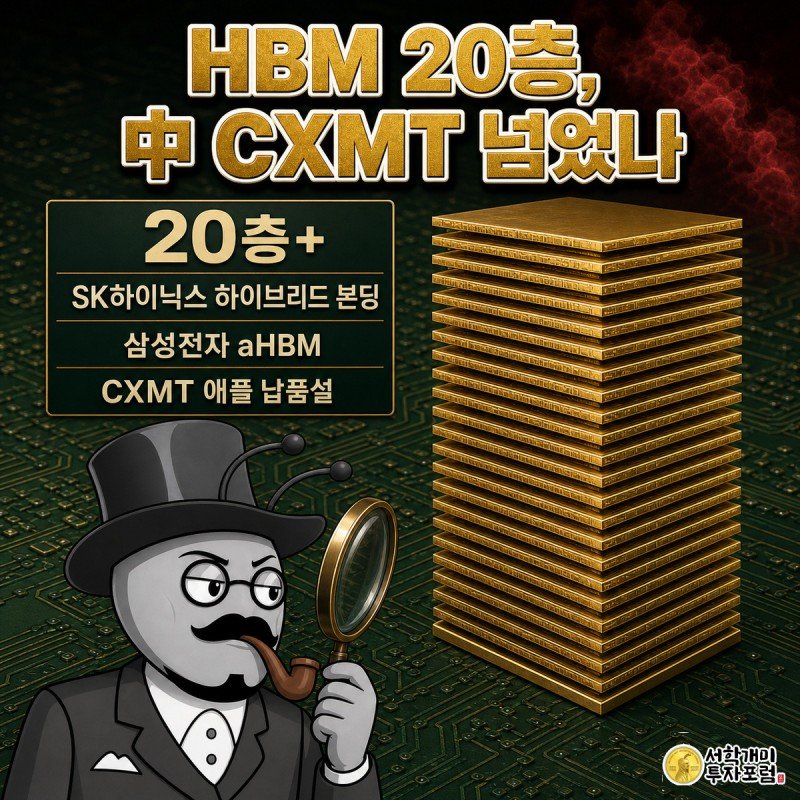 황금빛 20층 HBM 칩 스택을 확대경으로 살피는 개미 뒤로 붉은 중국 CXMT의 그림자가 다가오는 장면