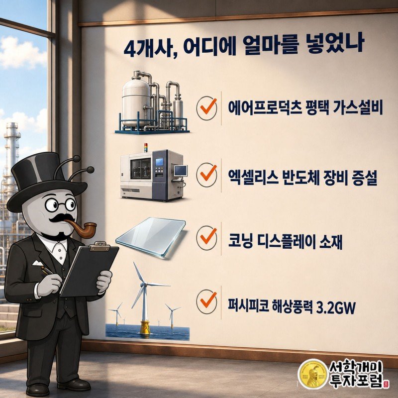 부자개미가 클립보드로 4개 기업의 투자 내역을 체크하는 인포그래픽