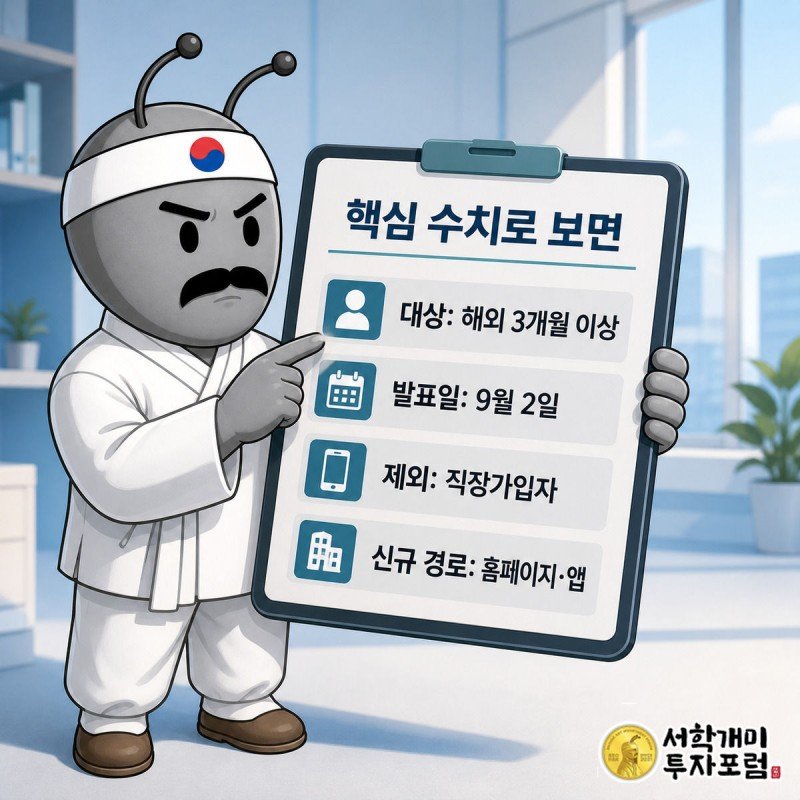개미 캐릭터가 태블릿 체크리스트로 대상, 발표일, 신규 신고 경로, 제외 대상을 짚어 설명하는 그림