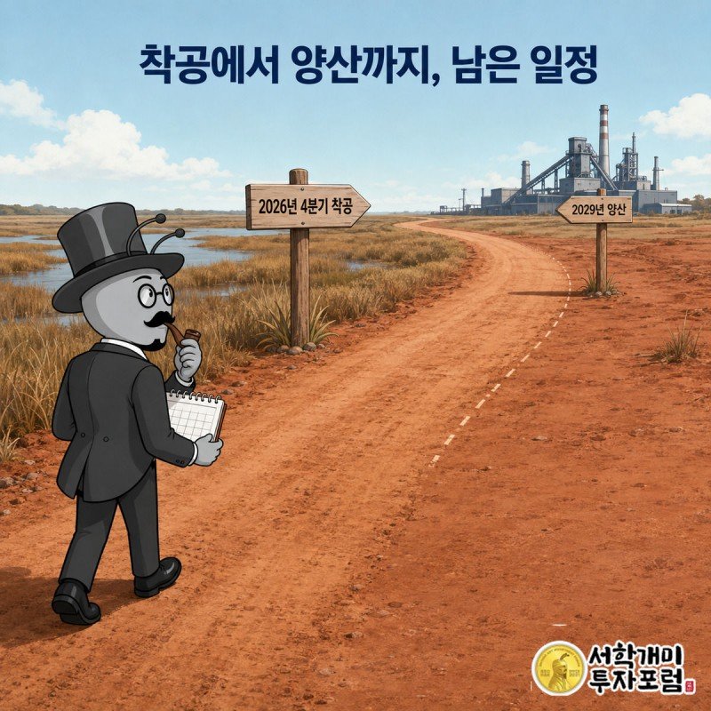 흙길 위 이정표를 따라 착공에서 양산까지의 일정을 양반개미가 달력을 들고 신중하게 살피는 장면.